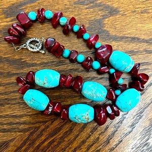 Turquoise and red coral color bead choker necklace